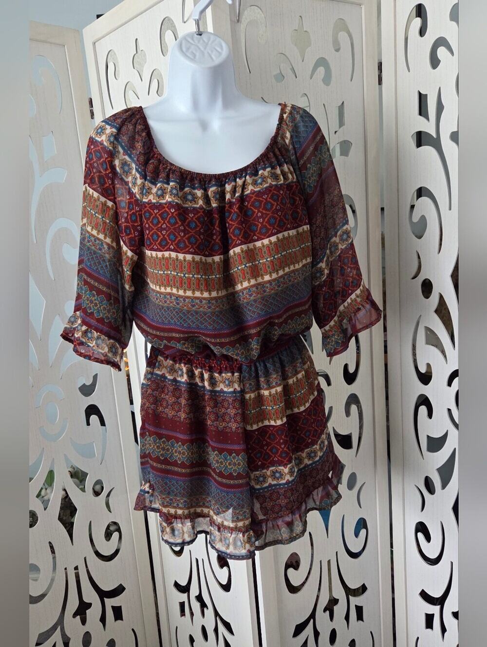 How Very Loved Boho Medallion Print Romper Medium M Preloved Smocked Off Shoulde